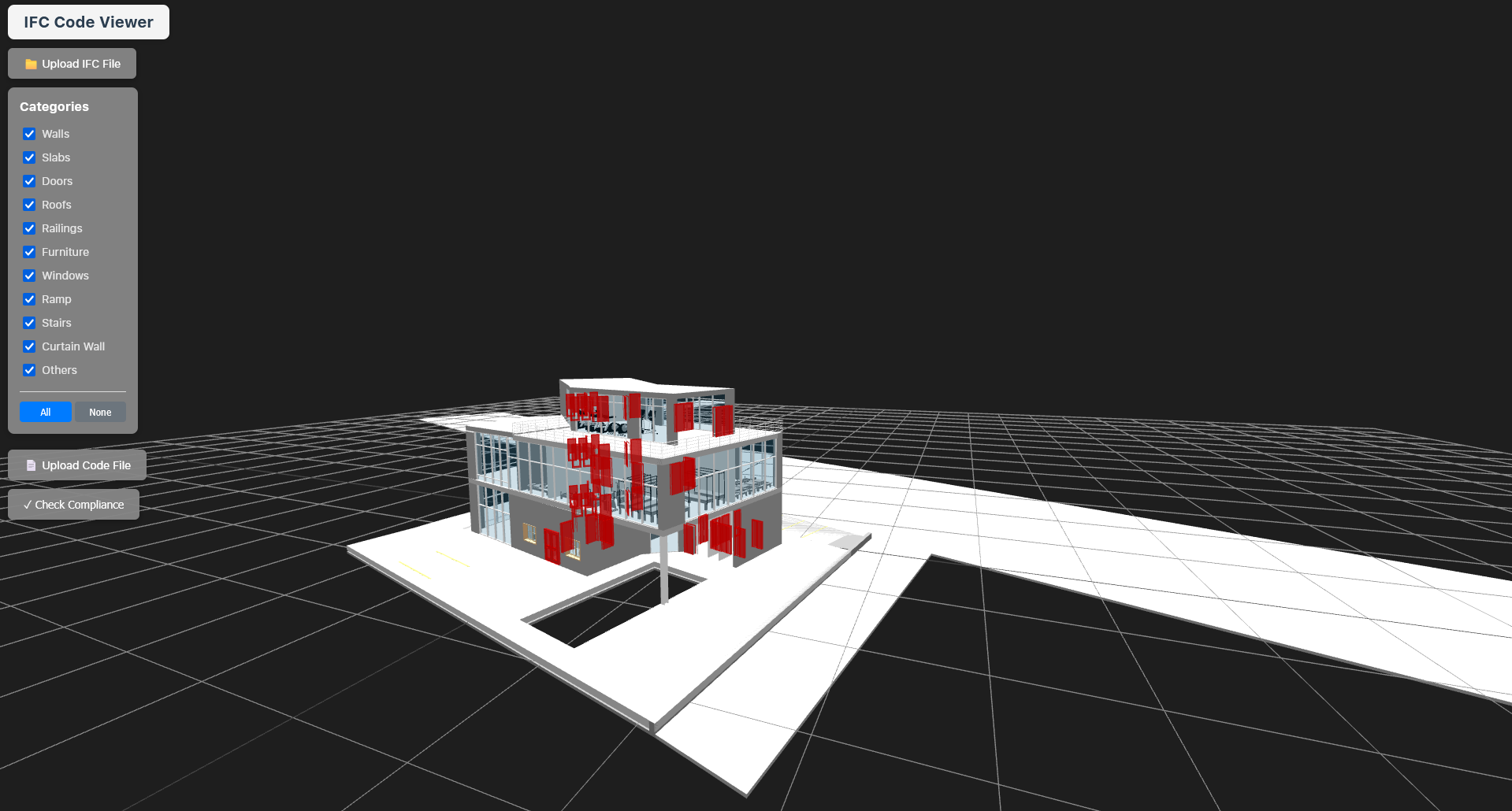 Compliance check highlighting non-compliant elements in red on an otherwise grey and white 3D model