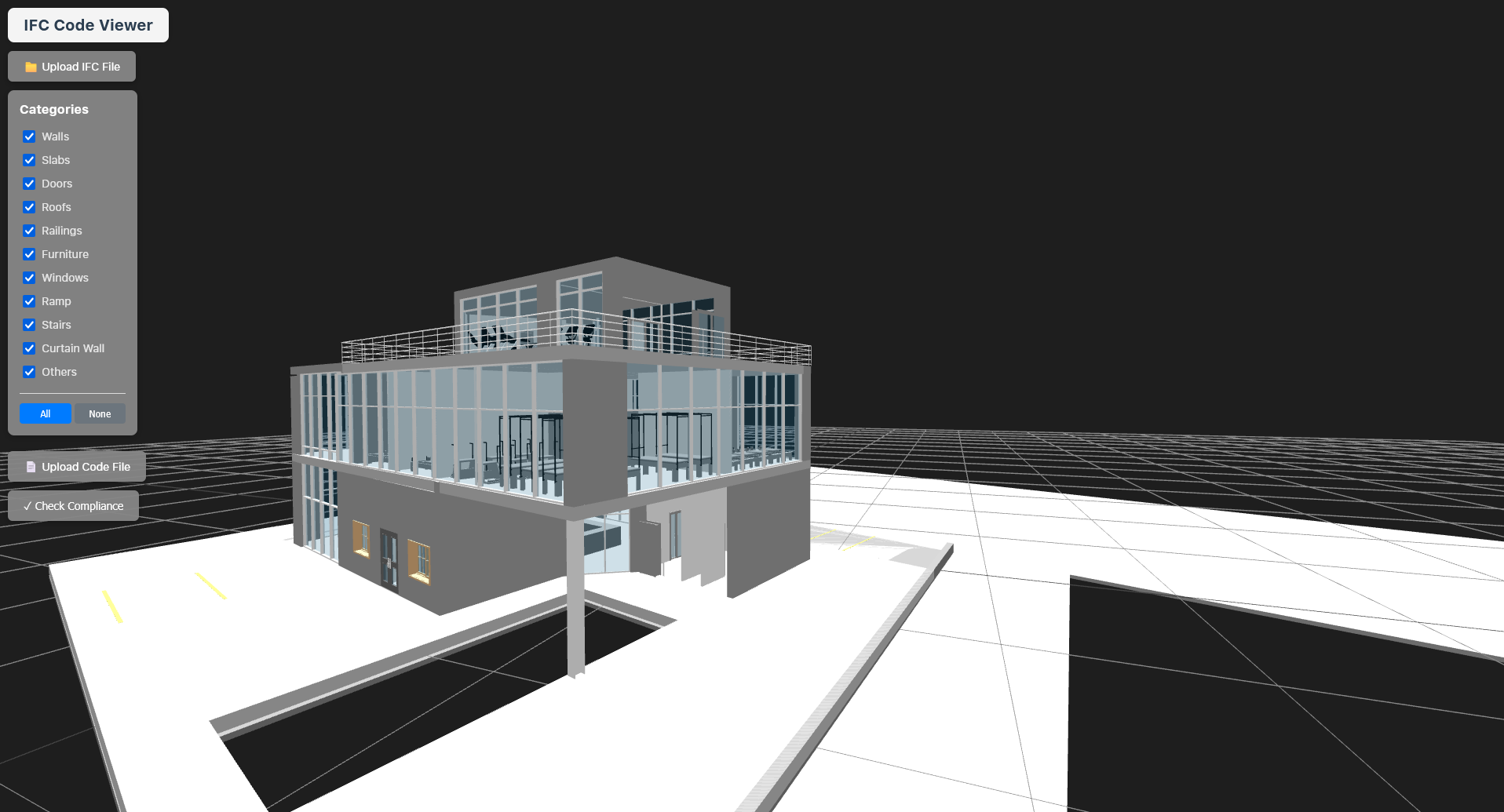 IFC model loaded in the viewer, shown alongside the category panel