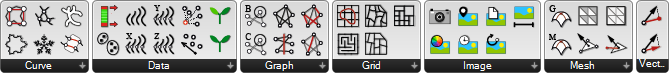 Moth's Grasshopper toolbar, with icon sets grouped by category: Curve, Data, Graph, Grid, Image, Mesh, and Vector tools